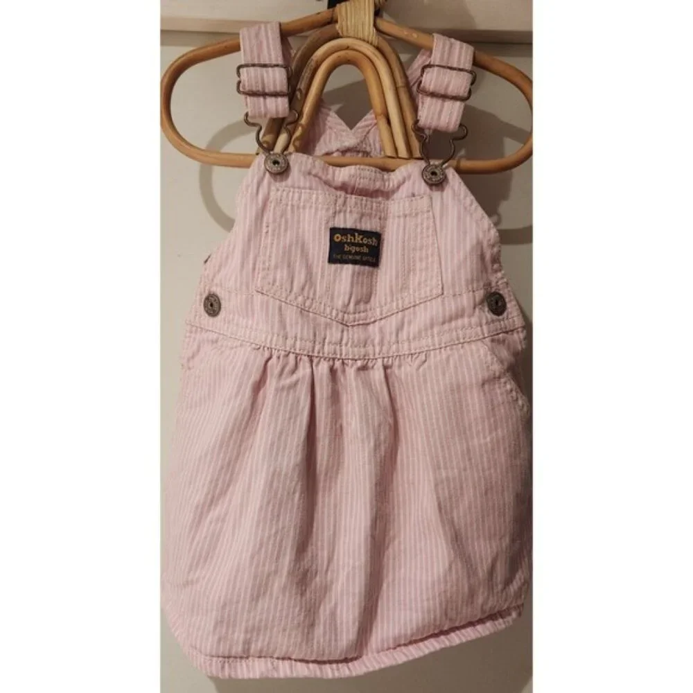 Vintage style OshKosh B'gosh‎ Pink White Stripe Overalls Dress Baby Girl 12m
